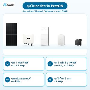 ชุดโซลาร์สำเร็จ PrezON อินเวอร์เตอร์ Huawei / Atmoce + แผง LONGi: ชุด 1 เฟส 5 kW แผง 6.5 kWp · ชุด 3 เฟส 5 / 10 kW แผง 6.5 / 11.7 kWp · ชุดพร้อมแบตเตอรี่ 6.9 kWh · ชุดไมโคร 2 แผง 1.3 kWp