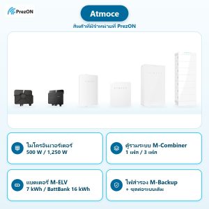Atmoce สินค้าที่มีจำหน่ายที่ PrezON: ไมโครอินเวอร์เตอร์ 500 W / 1,250 W · ตู้รวมระบบ M-Combiner 1 เฟส / 3 เฟส · แบตเตอรี่ M-ELV 7 kWh / BattBank 16 kWh · ไฟสำรอง M-Backup + ชุดต่อระบบเดิม