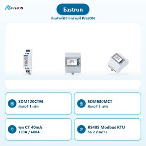 Eastron สินค้าที่มีจำหน่ายที่ PrezON: SDM120CTM มิเตอร์ 1 เฟส · SDM630MCT มิเตอร์ 3 เฟส · ชุด CT 40mA 120A / 600A · RS485 Modbus RTU วัด 2 ทิศทาง