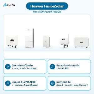 Huawei FusionSolar สินค้าที่มีจำหน่ายที่ PrezON: อินเวอร์เตอร์ไฮบริด 1 เฟส / 3 เฟส 3–20 kW · อินเวอร์เตอร์ออนกริด 15–330 kW · แบตเตอรี่ LUNA2000 + ไฟสำรอง SmartGuard · อุปกรณ์เสริม มิเตอร์ · ดองเกิล · ออปติไมเซอร์