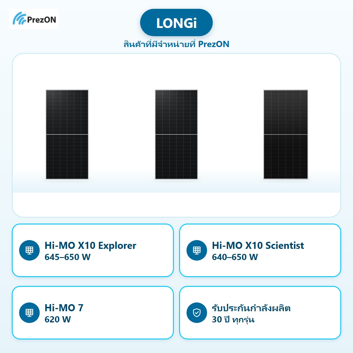 LONGi สินค้าที่มีจำหน่ายที่ PrezON: Hi-MO X10 Explorer 645–650 W · Hi-MO X10 Scientist 640–650 W · Hi-MO 7 620 W · รับประกันกำลังผลิต 30 ปี ทุกรุ่น