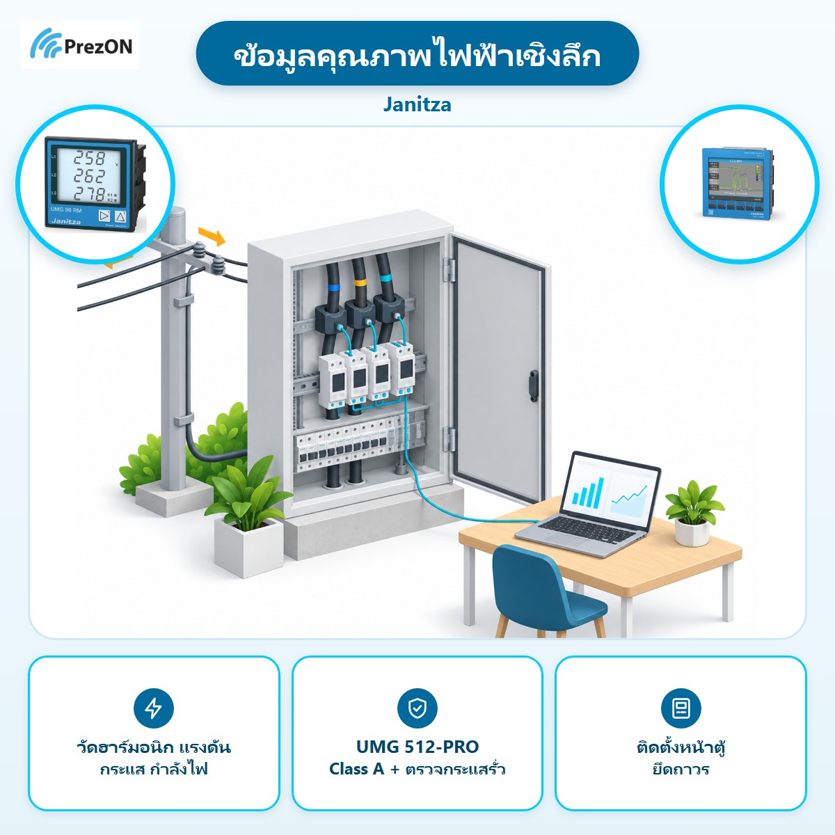 Janitza จุดเด่น ข้อมูลคุณภาพไฟฟ้าเชิงลึก: วัดฮาร์มอนิก แรงดัน กระแส กำลังไฟ · UMG 512-PRO Class A + ตรวจกระแสรั่ว · ติดตั้งหน้าตู้ ยึดถาวร