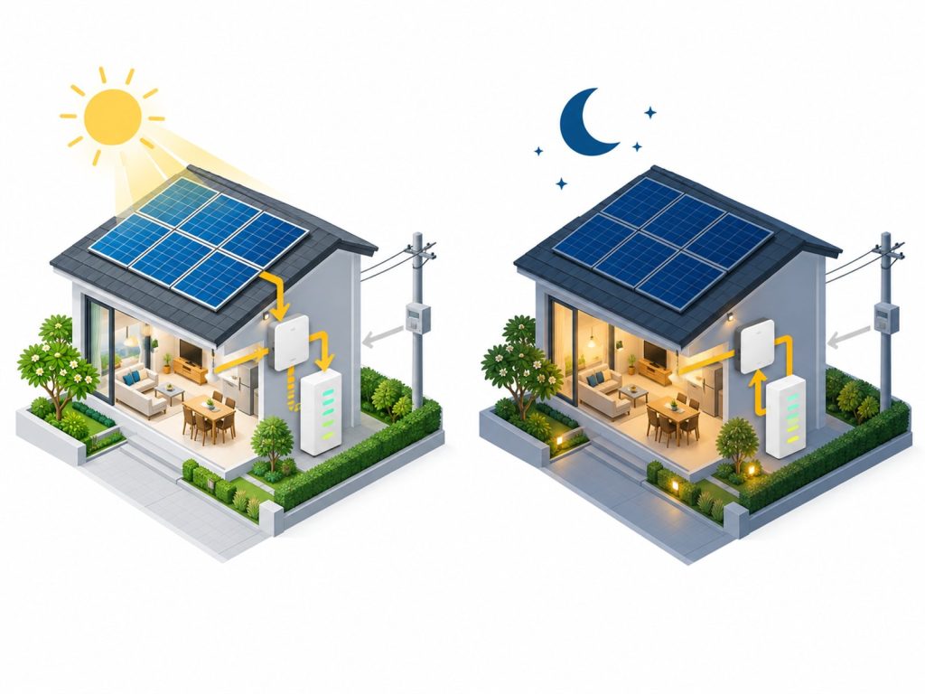 แผนภาพการทำงานของระบบโซลาร์ไฮบริดพร้อมแบตเตอรี่