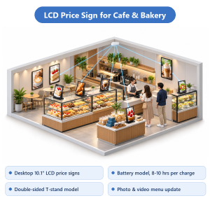 ป้ายราคาจอ LCD ตั้งโต๊ะ ร้านกาแฟและเบเกอรี่ - Prezon ESL