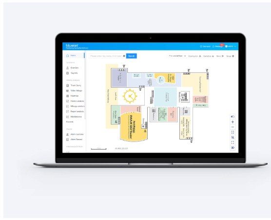 หน้าจอซอฟต์แวร์ RTLS แสดงแผนที่ตำแหน่งบนแปลนอาคาร
